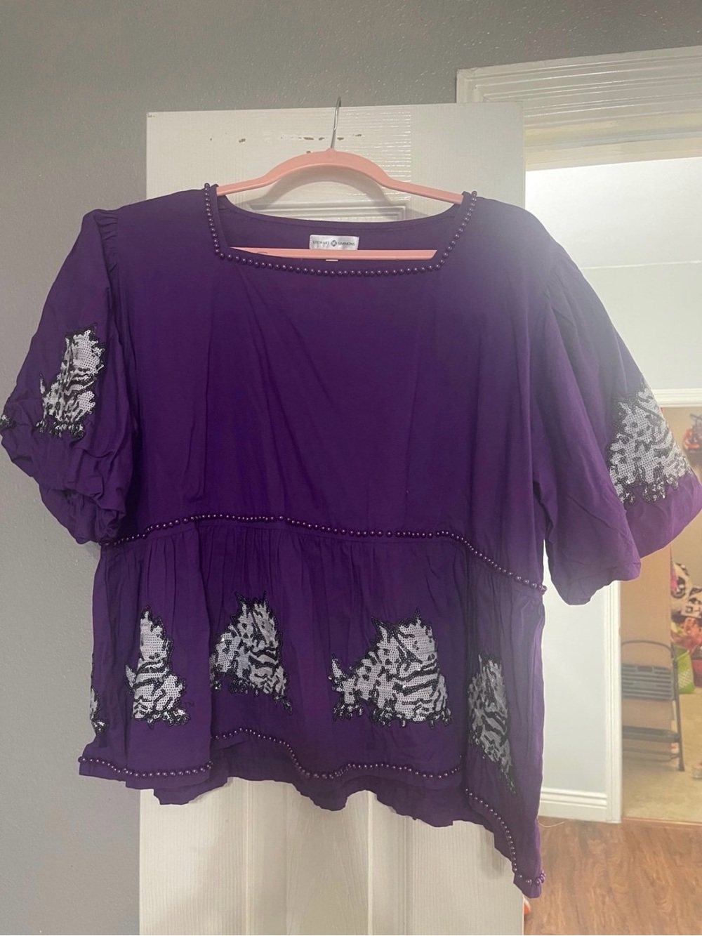 Stewart Simmons TCU Texas Christian University Boho Embroidered Purple Blouse
